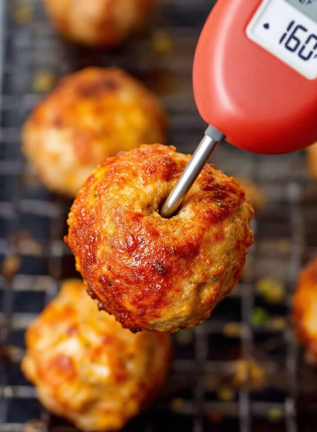 Bison Meatballs: Lean &Amp; Flavorful Italian-Style 8 Meat thermometer reading 160°f in a baked golden-brown meatball, more cooked meatballs on wire rack in the background