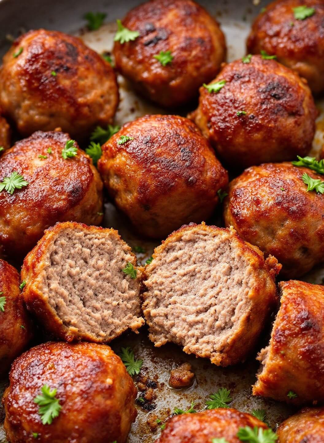 Bison Meatballs: Lean &Amp; Flavorful Italian-Style 9 Gourmet bison meatballs garnished with fresh parsley, one cut open to showcase its moist interior and perfect doneness