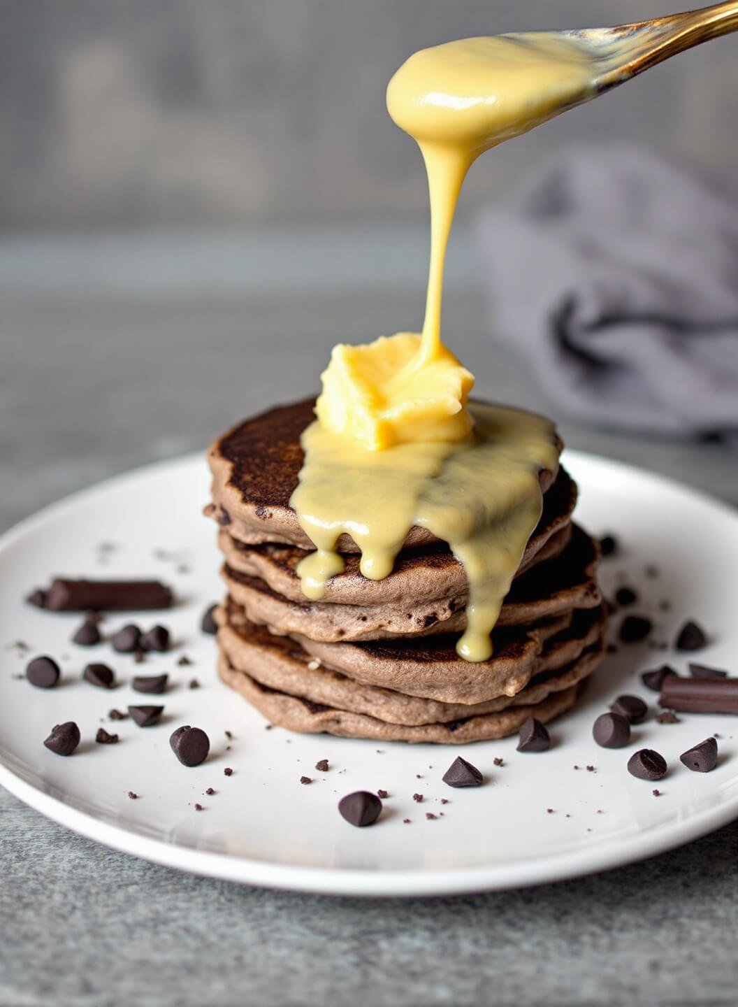 Stack of keto chocolate pancakes with melting butter on top