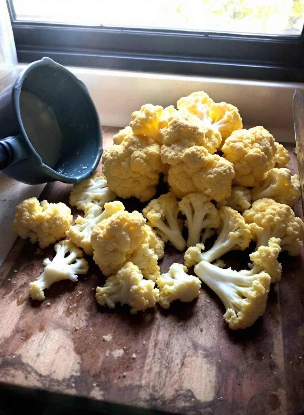 Raw cauliflower florets on a wooden cutting board, illuminated by morning sunlight streaming through a kitchen window.