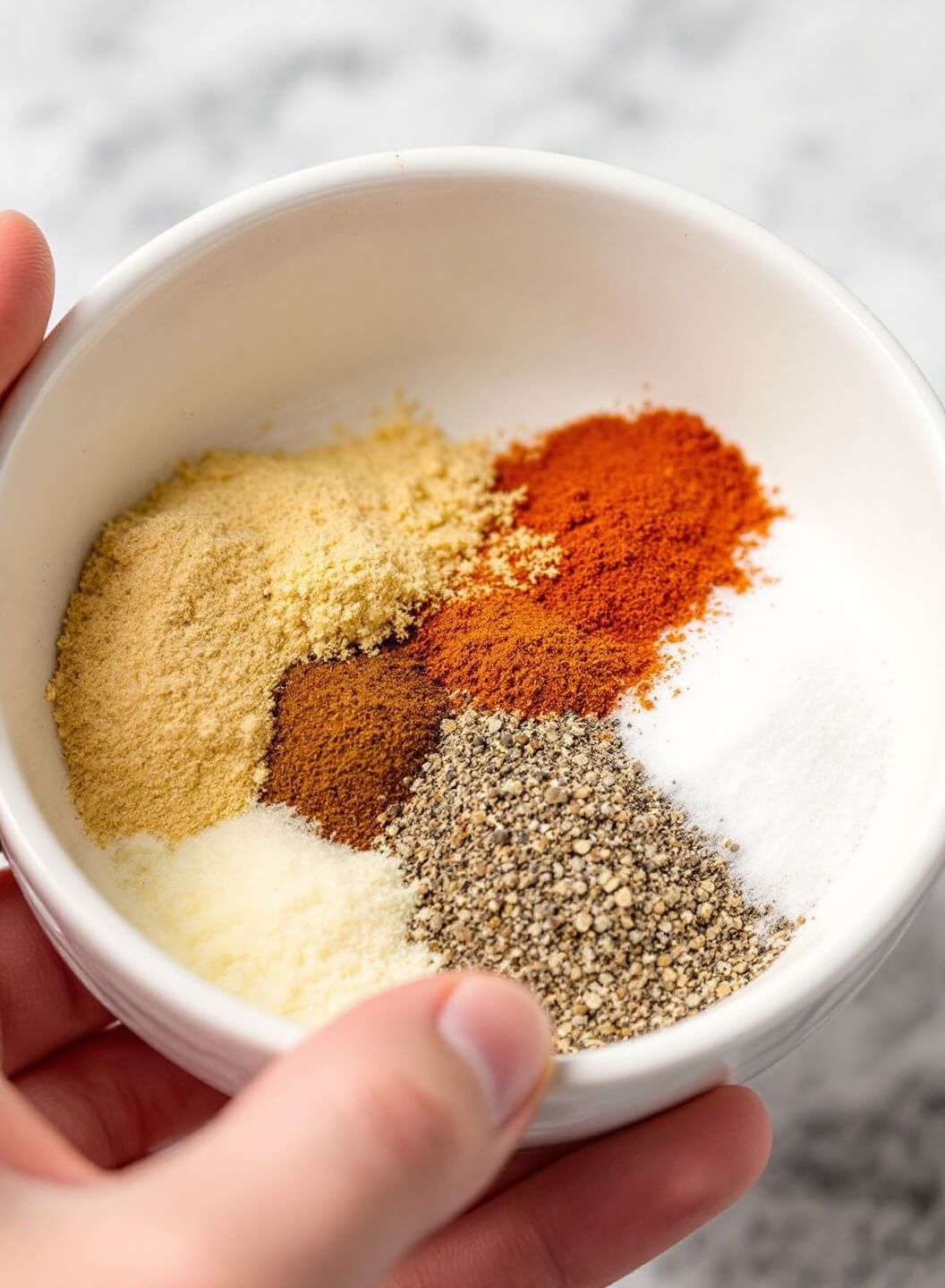Hands mixing various dry spices in a small ceramic bowl