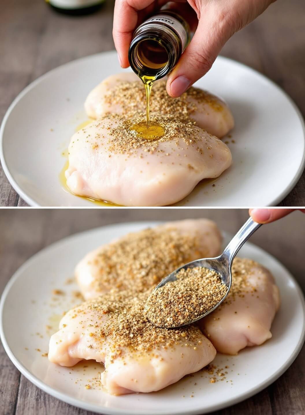 Olive oil being drizzled on chicken thighs with seasoning being rubbed in for even coating
