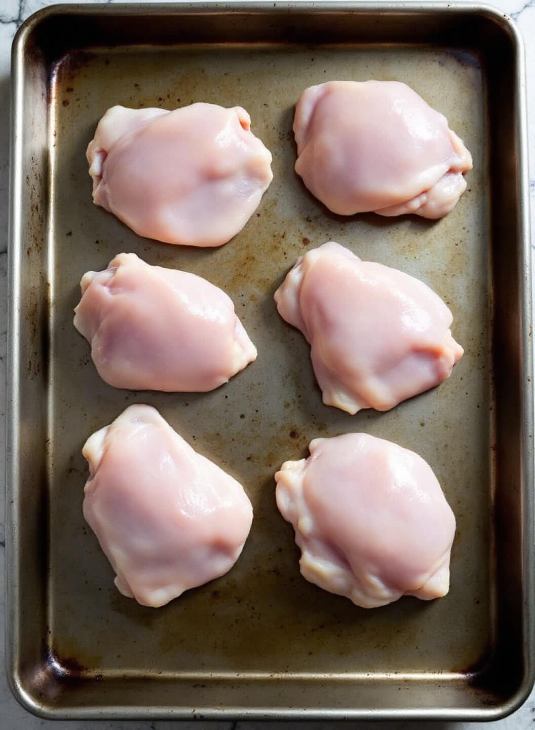 Chicken thighs arranged skin-side up on a metal baking sheet ready for baking