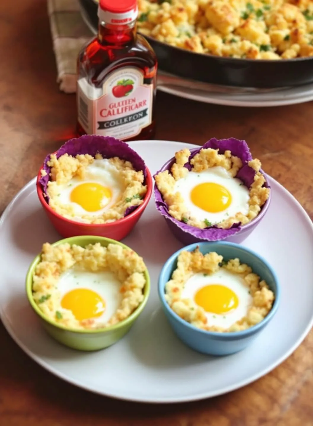 Four eggs nestled in golden cauliflower hash with glossy yolks