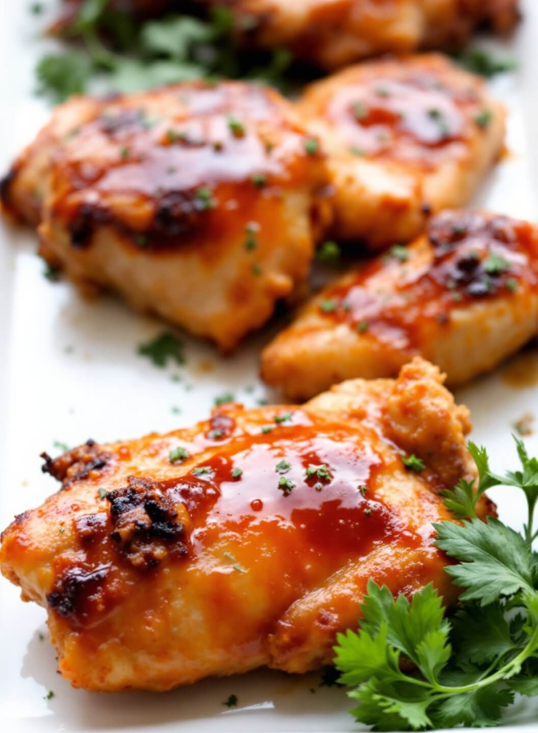 Buffalo-glazed chicken thighs with crispy caramelized skin and garnished with herbs on a serving platter