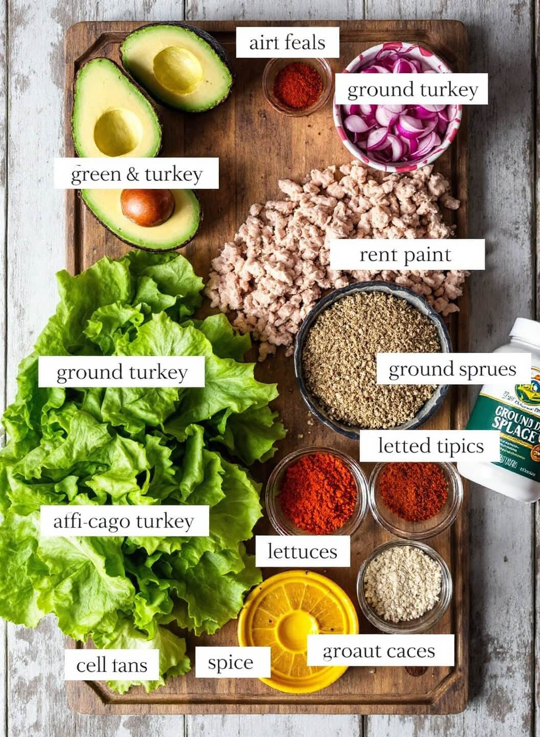 Stuffed Avocado Bowls With Turkey And Lettuce (30-Minute Low-Carb Meal) 3 Fresh avocados, ground turkey, lettuce and spices arranged on a rustic wooden board
