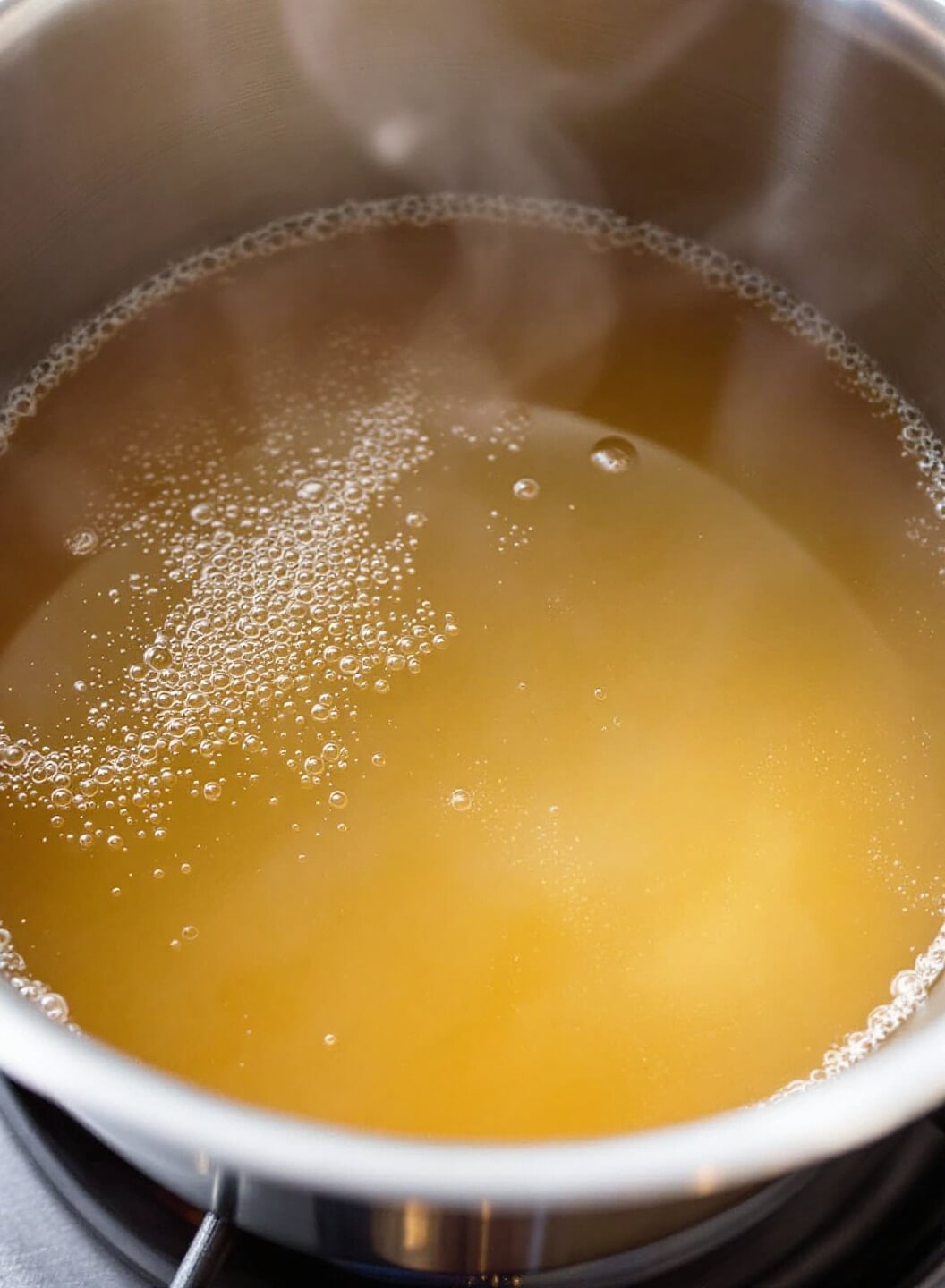 Easy Authentic Miso Soup With Tofu (Ready In 20 Minutes!) 4 Stainless steel pot on stovetop with simmering dashi broth, small bubbles and rising steam, captured at a 45-degree angle