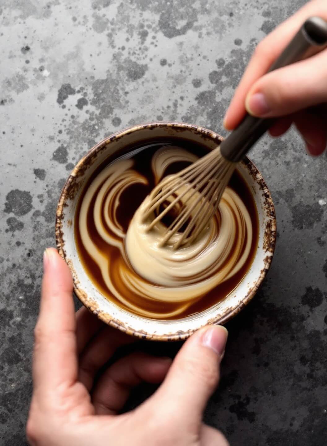 Easy Authentic Miso Soup With Tofu (Ready In 20 Minutes!) 5 Hands whisking miso paste into warm broth in a small ceramic bowl, creating swirls until completely dissolved