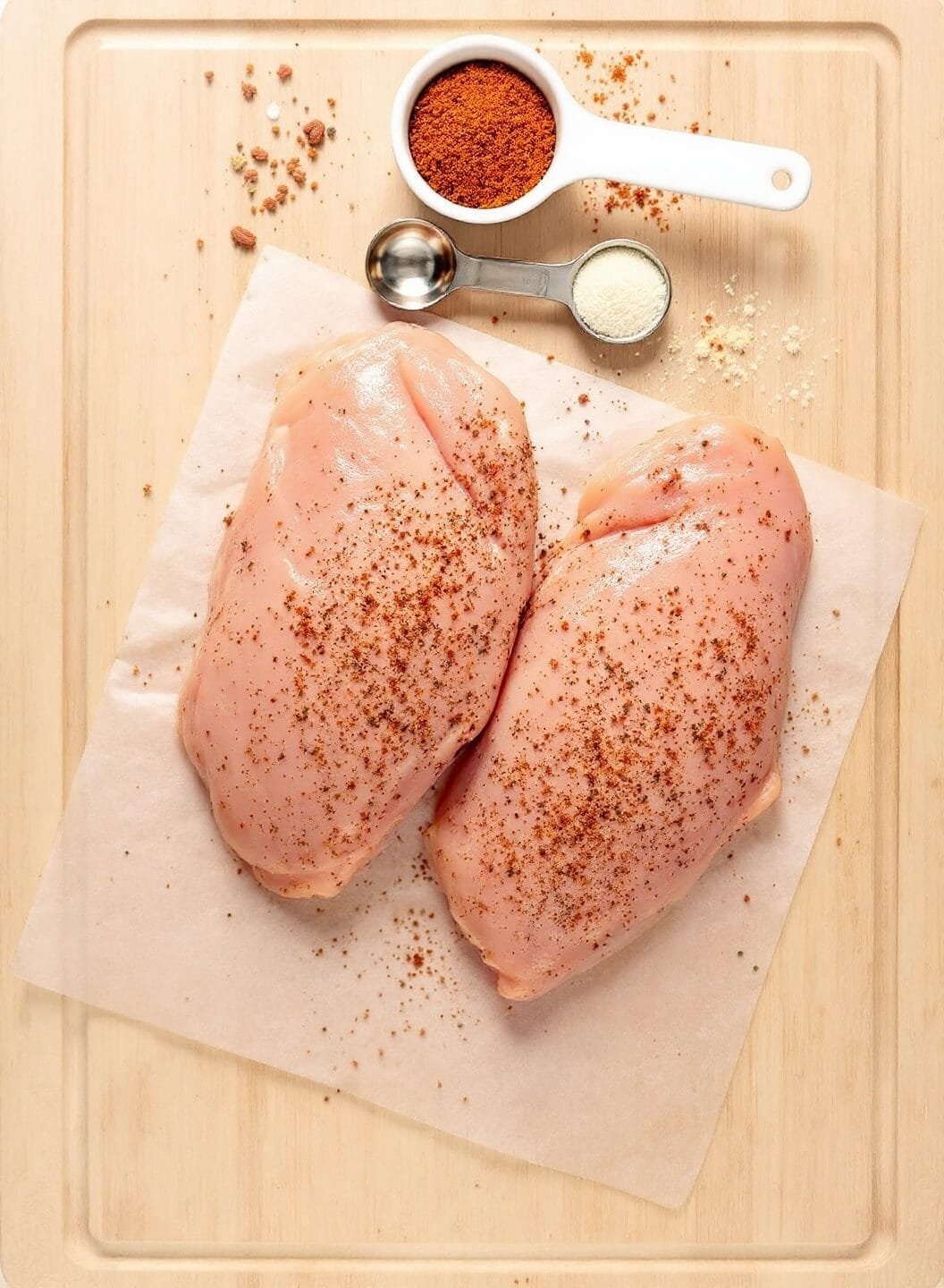 Keto Grilled Chicken Wraps (Quick &Amp; Easy Low-Carb Meal) 3 Raw chicken breasts on a wooden cutting board with scattered seasonings and measuring spoons around it