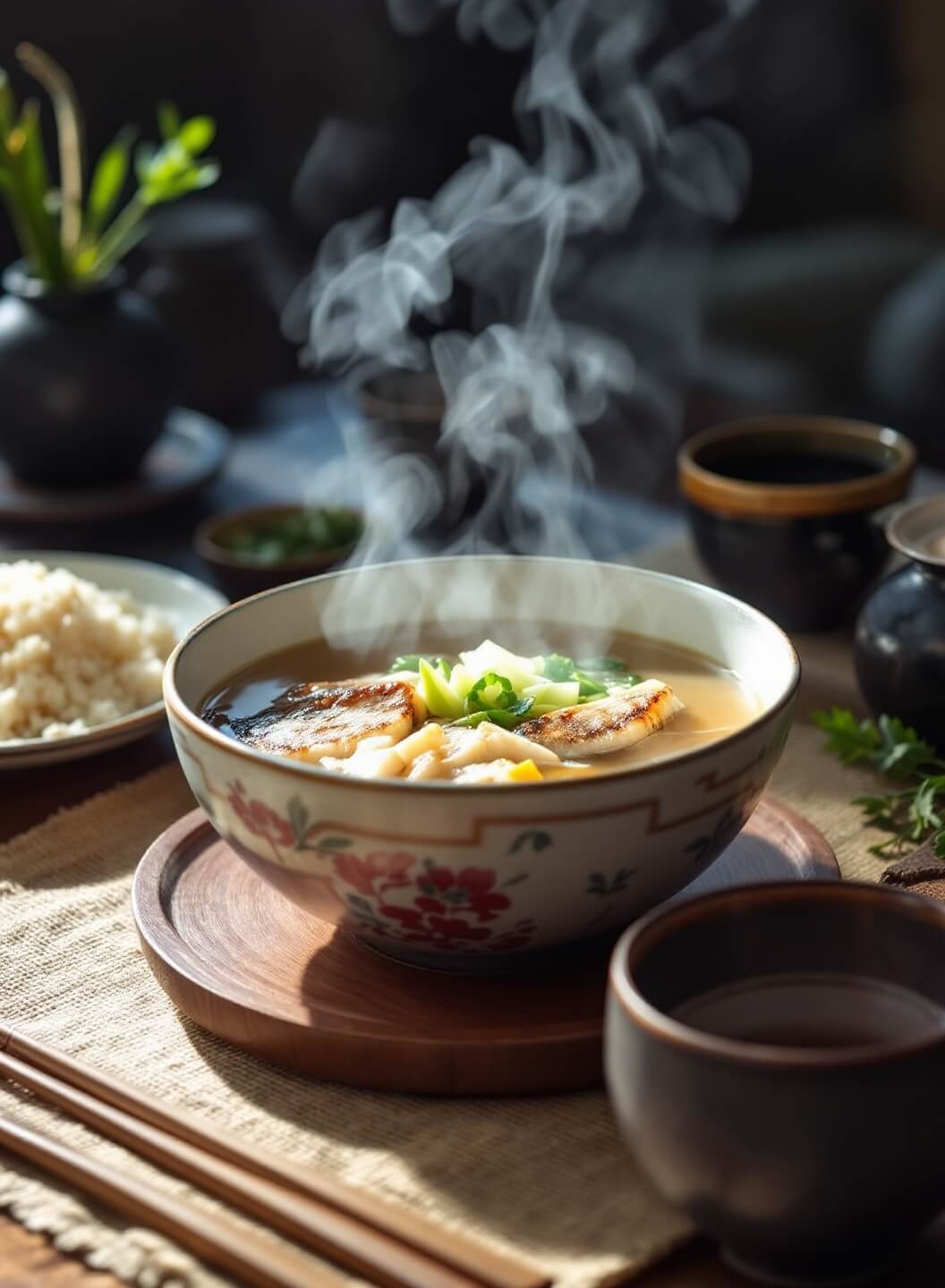 Easy Authentic Miso Soup With Tofu (Ready In 20 Minutes!) 7 Traditional japanese breakfast setting with steaming miso soup, grilled fish, rice, and pickled vegetables