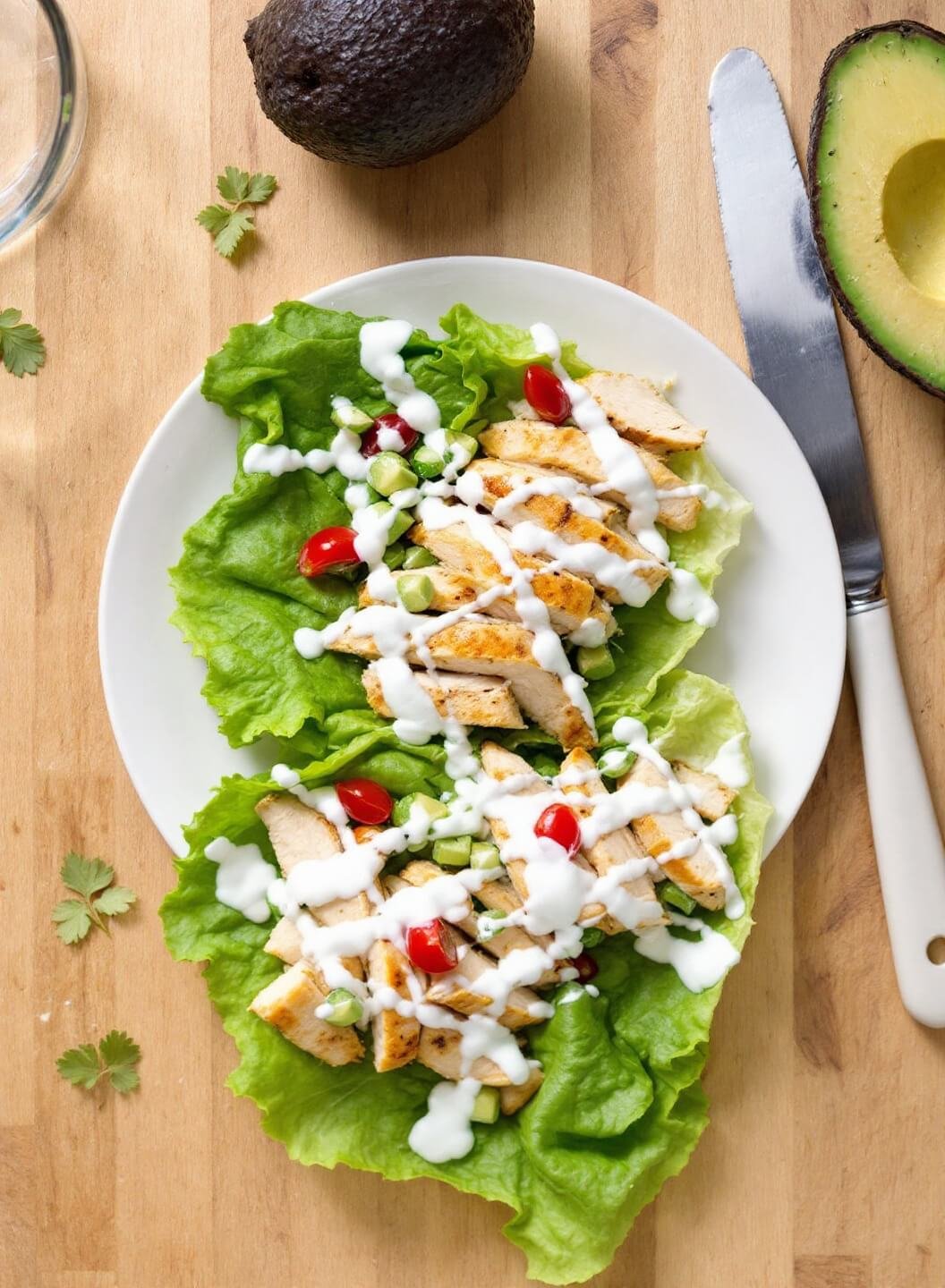 Keto Grilled Chicken Wraps (Quick &Amp; Easy Low-Carb Meal) 7 Cross-section of a lettuce wrap filled with sliced grilled chicken, drizzled with creamy ranch, and fresh avocado slices.
