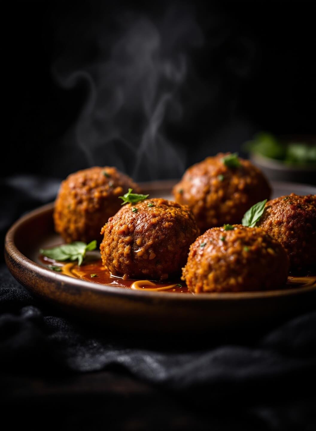 Close-up of golden-brown lentil meatballs garnished with basil and sauce on a rustic ceramic plate under moody lighting