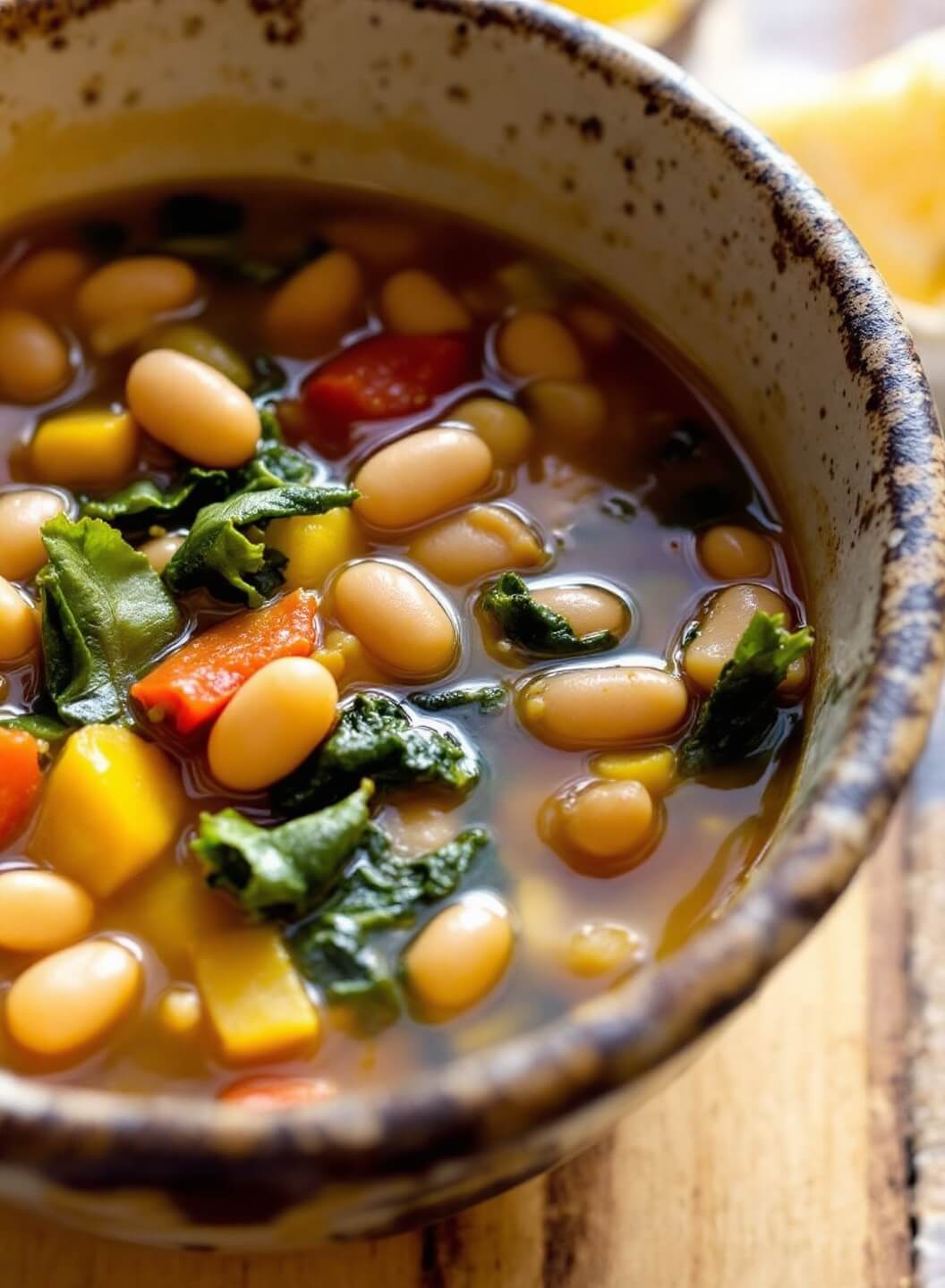 Hearty Mung Bean Soup (Vegan-Friendly) 9 Rustic bowl of soup garnished with olive oil