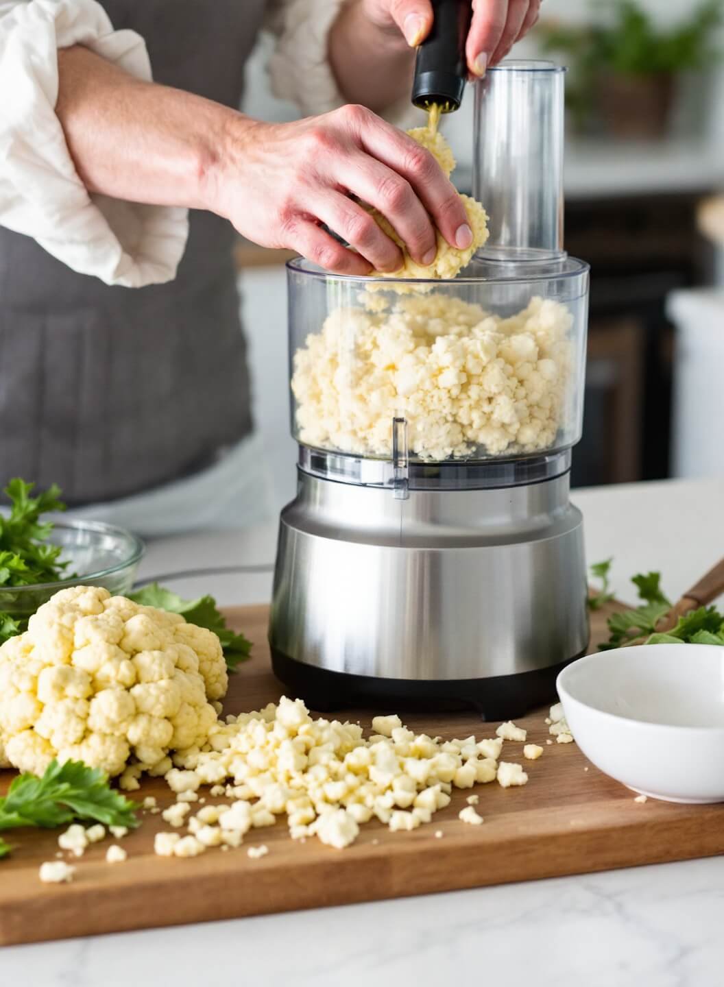 Process of ricing fresh cauliflower on a bright kitchen countertop using a food processor