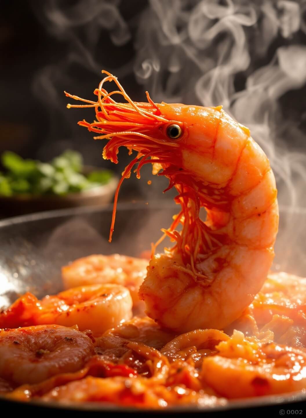 Sizzling pink shrimp in a wok with steam rising under dramatic lighting