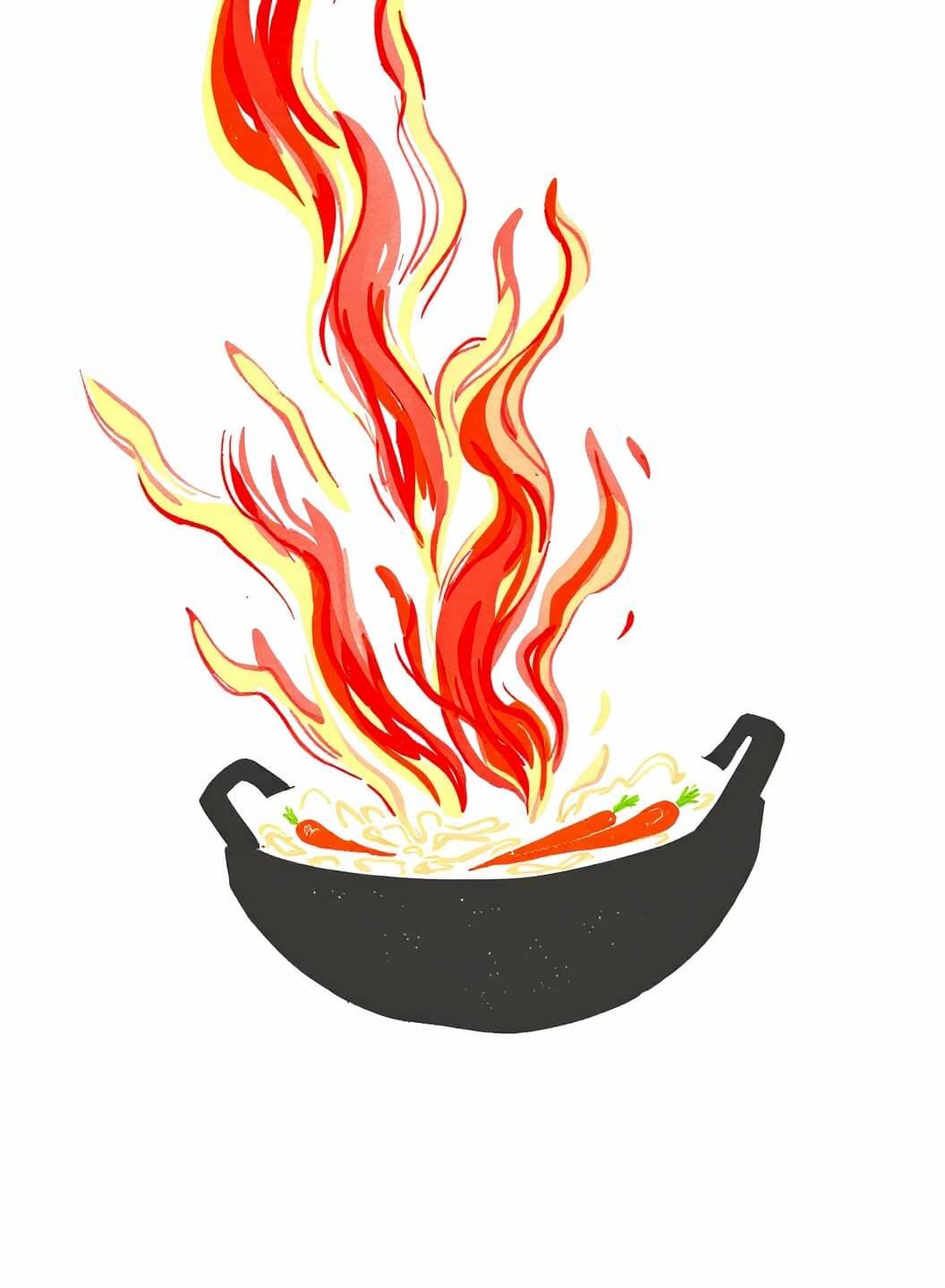 Sautéing aromatic ginger, garlic, and carrots in a wok over high flames