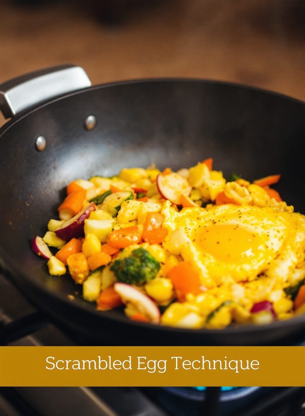 Scrambled eggs and vegetables being pushed aside in a steaming wok