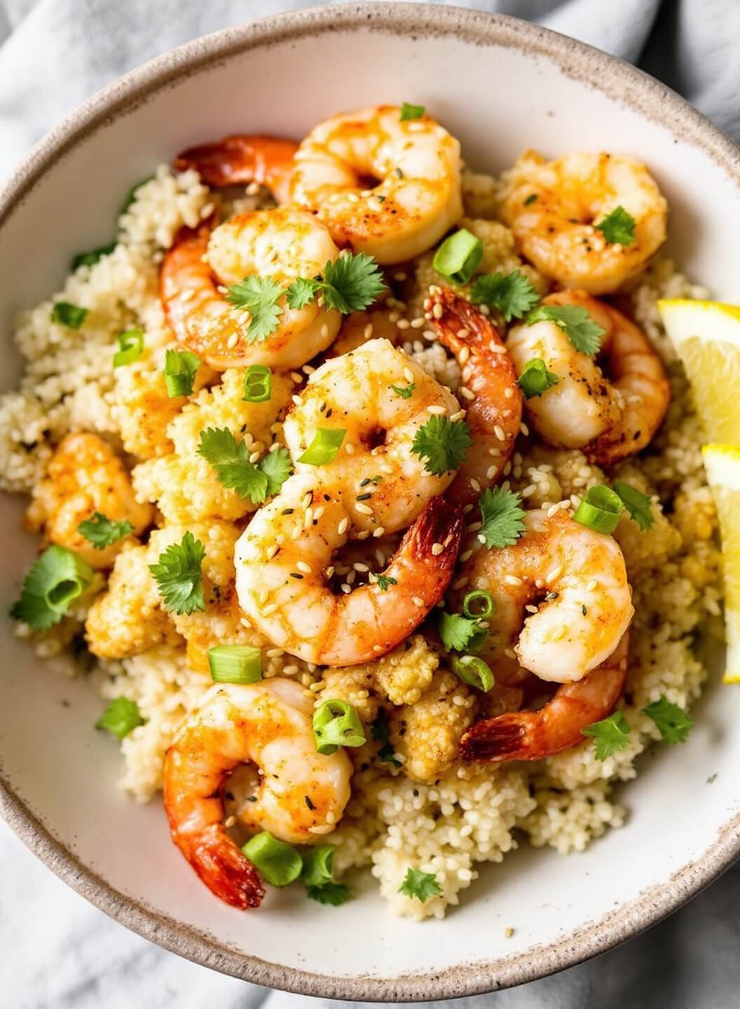 Plated cauliflower rice bowl garnished with shrimp, green onions, and sesame seeds