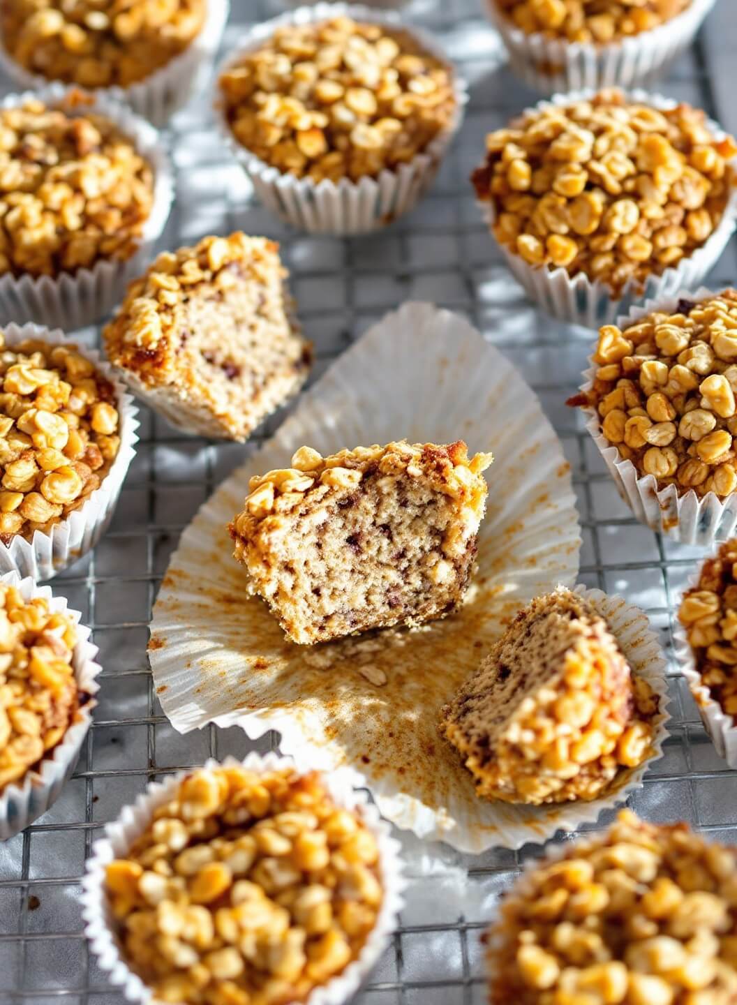 Baked oatmeal cups on a cooling rack with natural morning light highlighting their golden-brown tops and tender interiors
