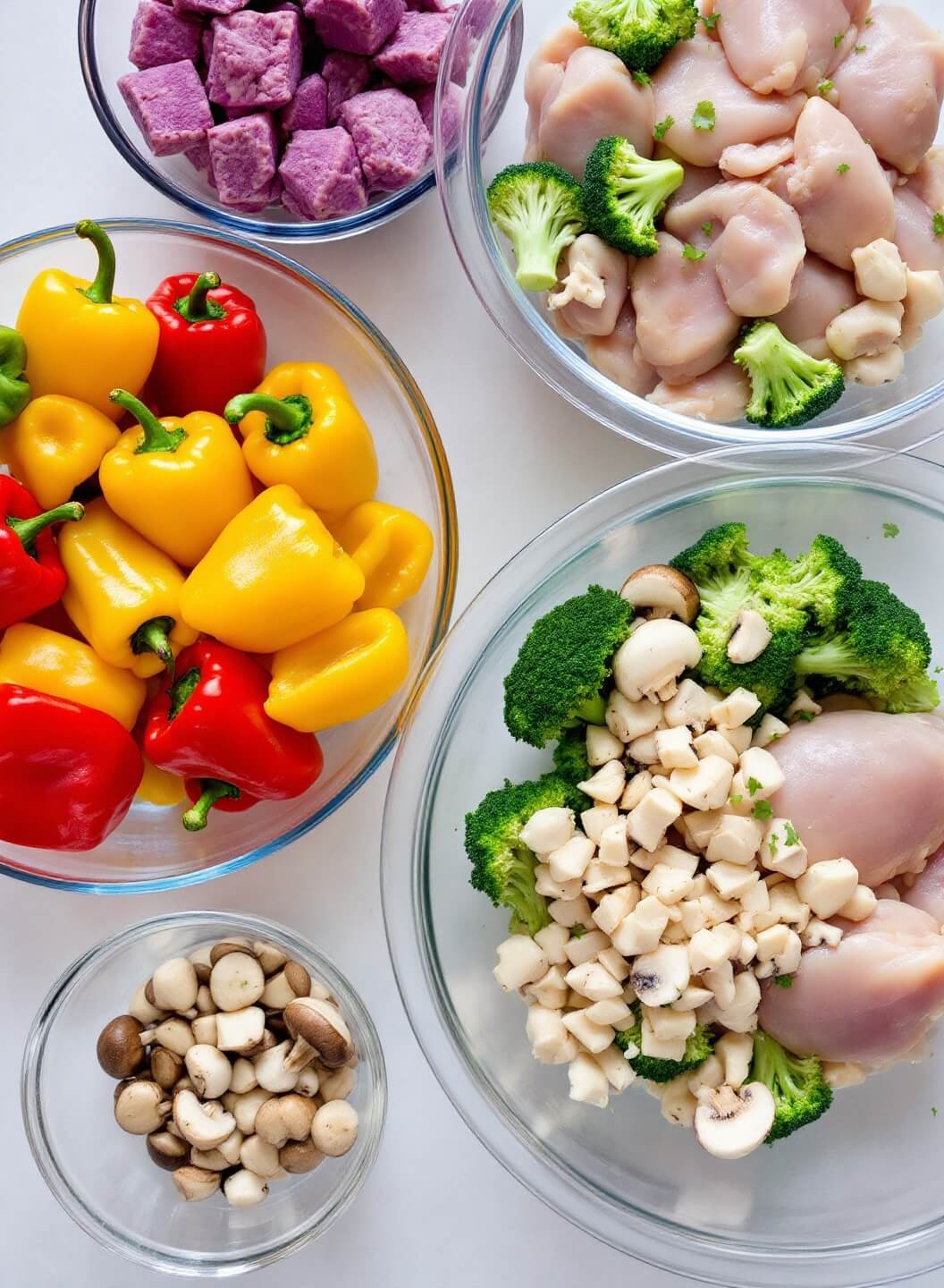 Asian Keto Chicken And Miso Stir-Fry 3 Raw chicken and fresh vegetables including colorful bell peppers, broccoli, and mushrooms organized in glass bowls on a bright kitchen countertop.
