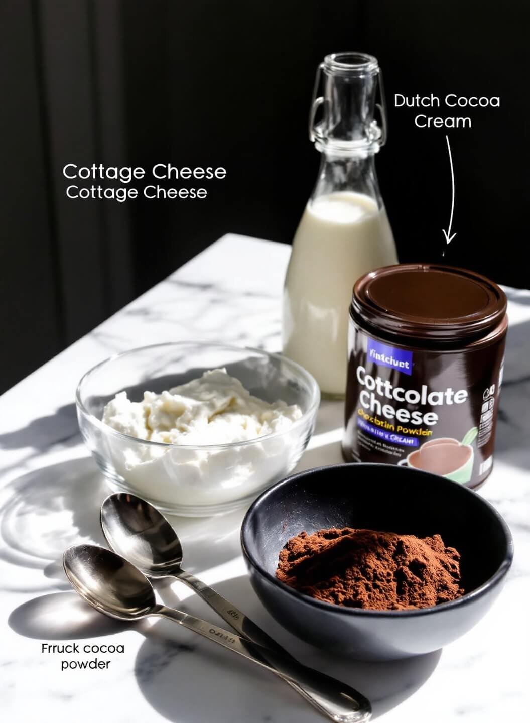 Ingredients for protein mousse on a marble countertop including cottage cheese, chocolate protein powder, fresh cream, and dutch cocoa powder.