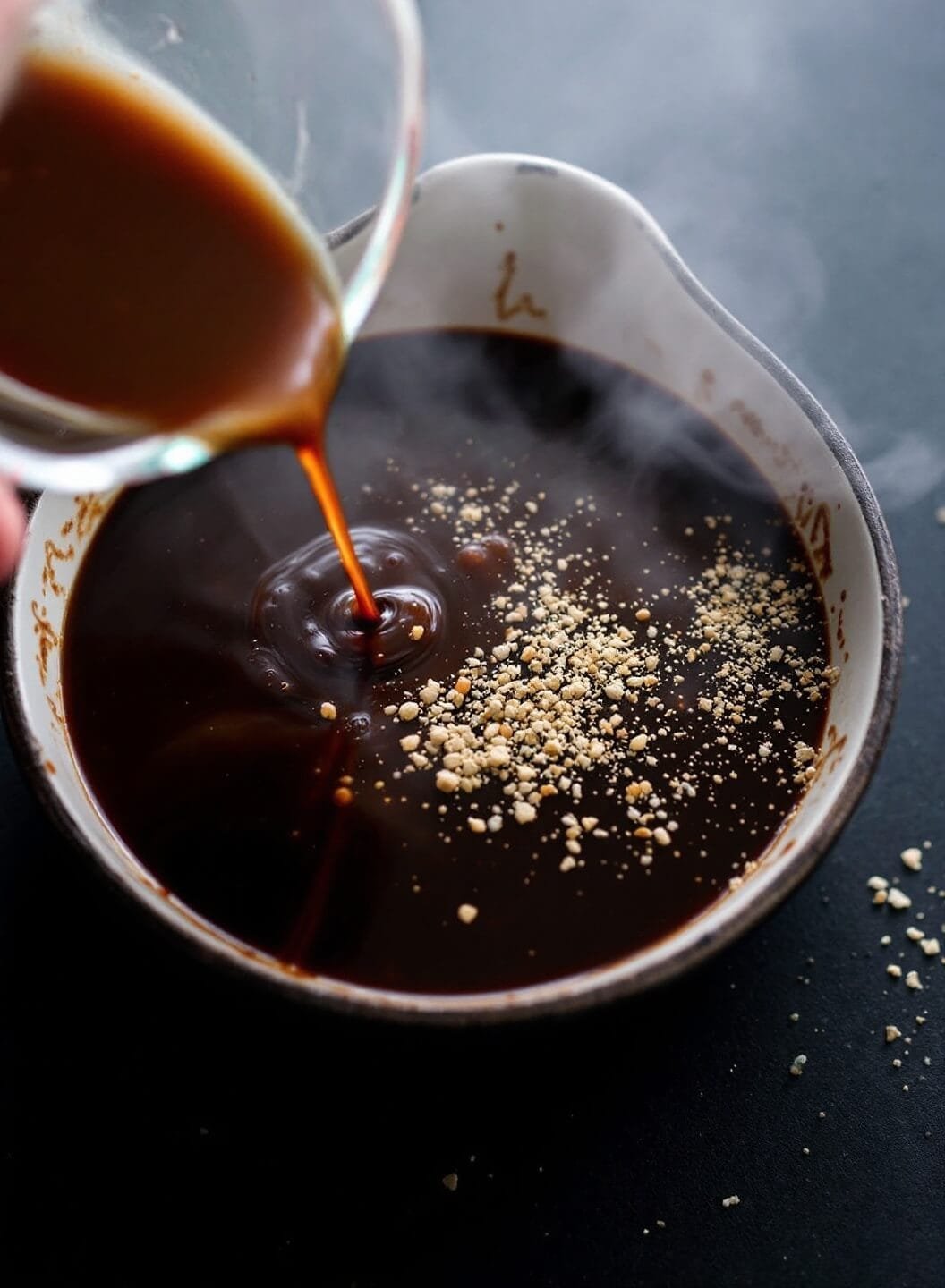 Asian Keto Chicken And Miso Stir-Fry 4 Close-up of rich brown miso sauce being whisked in a ceramic bowl with steam rising, ingredients visible on a dark surface