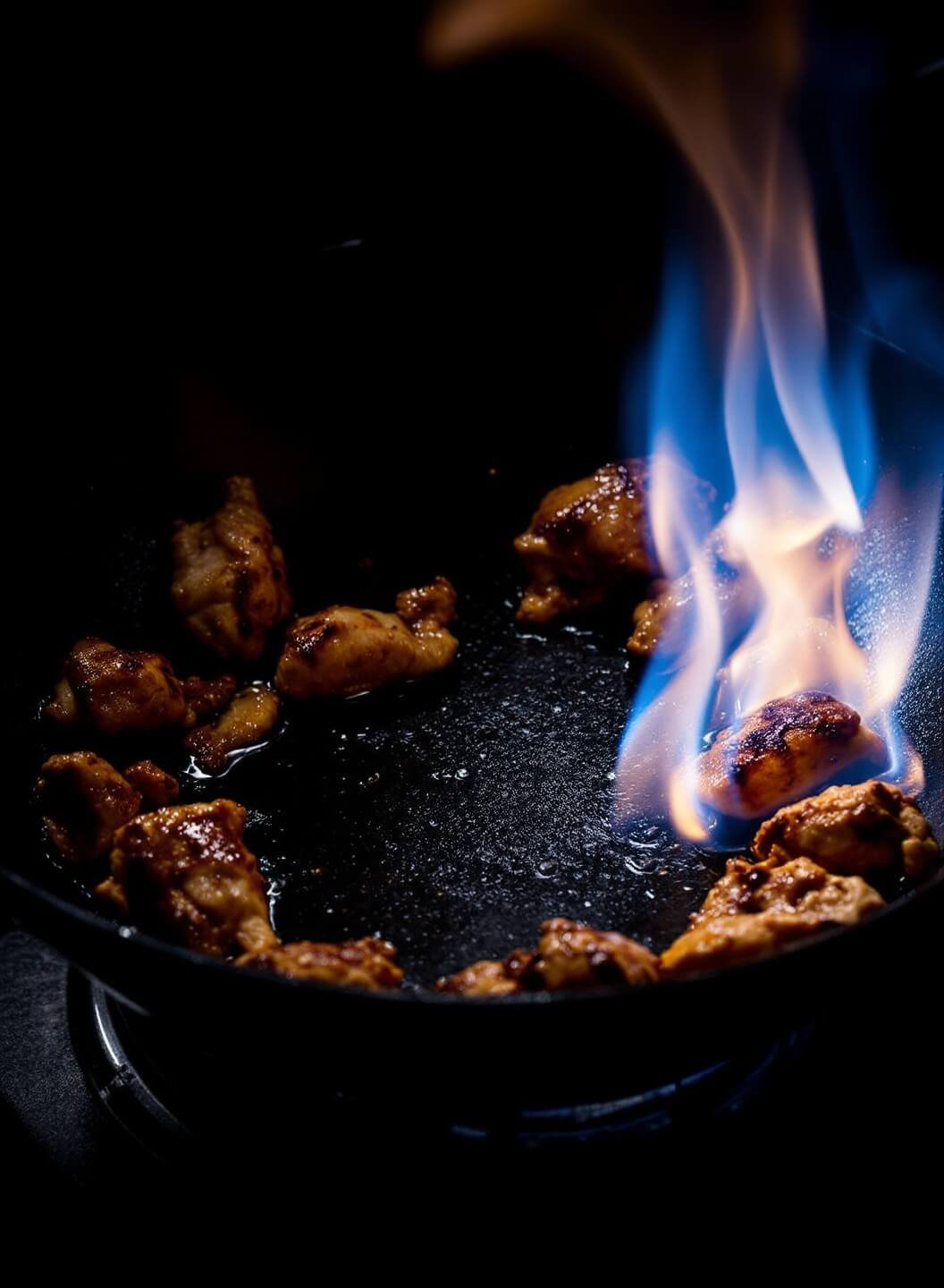 Sizzling chicken pieces turning golden brown in a black wok surrounded by rising flames under dramatic lighting