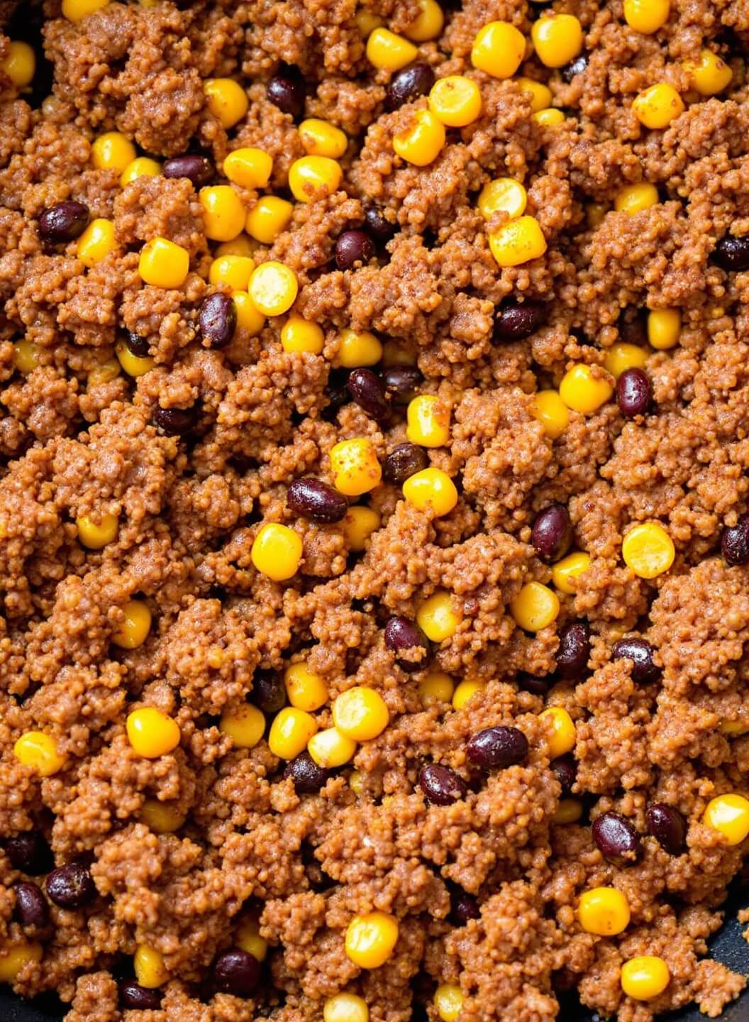 Close-up image of perfectly cooked ground beef, black beans, and corn in skillet, seasoned with colorful taco spices