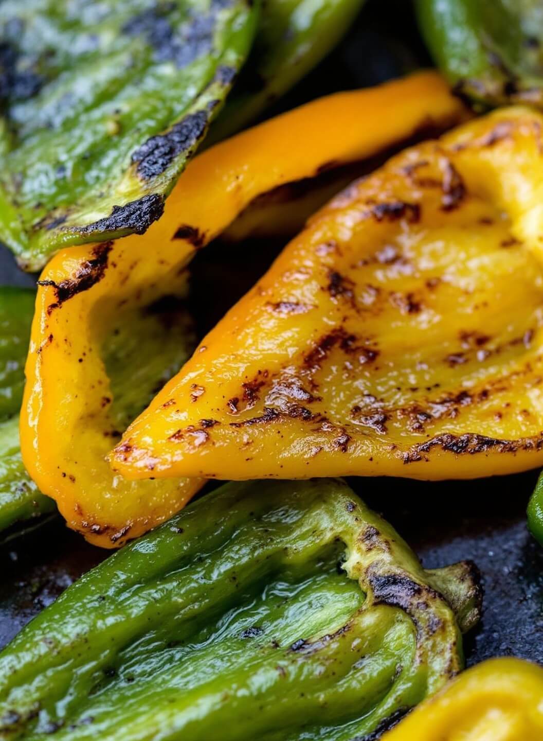 Close-up image of freshly roasted bell pepper triangles showing slight softening, curling edges, and subtle char marks