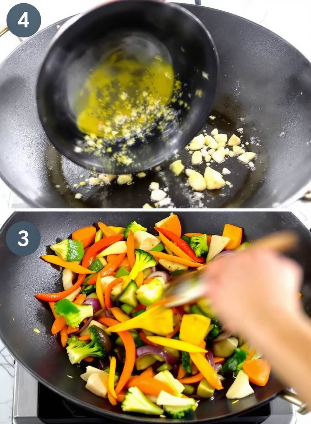 Vibrant vegetables being stir-fried in a steaming wok with visible garlic, ginger, and glistening oil