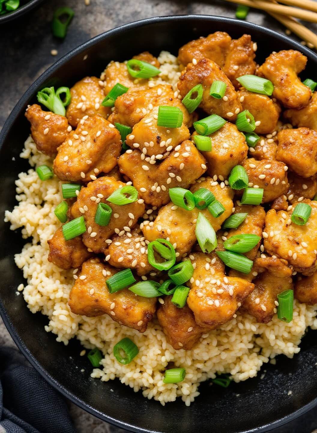Asian Keto Chicken And Miso Stir-Fry 7 Asian keto stir-fry served over cauliflower rice, garnished with sesame seeds and green scallions on a black ceramic plate