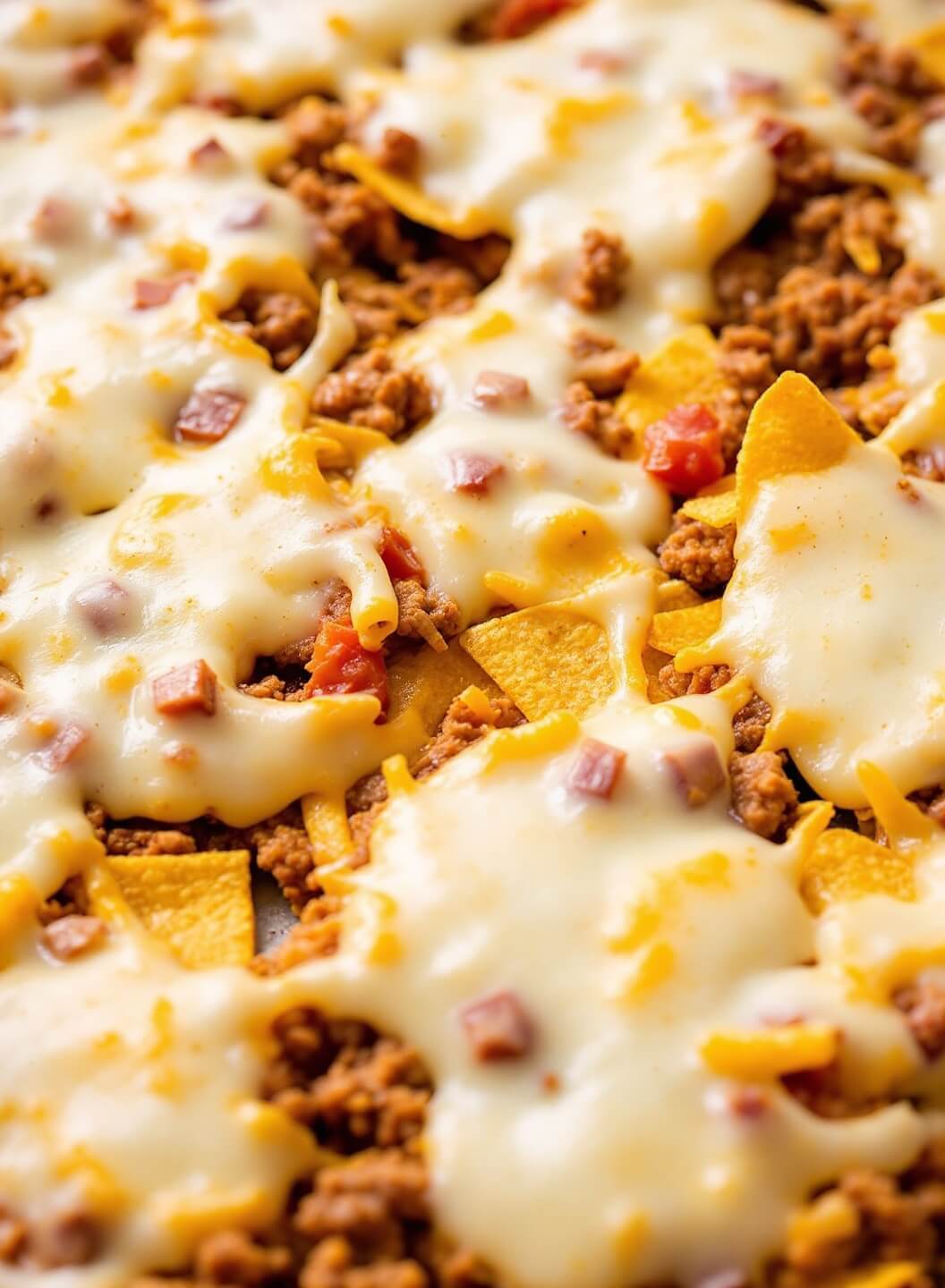 Close-up image of oven-baked nachos with bubbling melted cheese, meat mixture and slightly caramelized peppers.