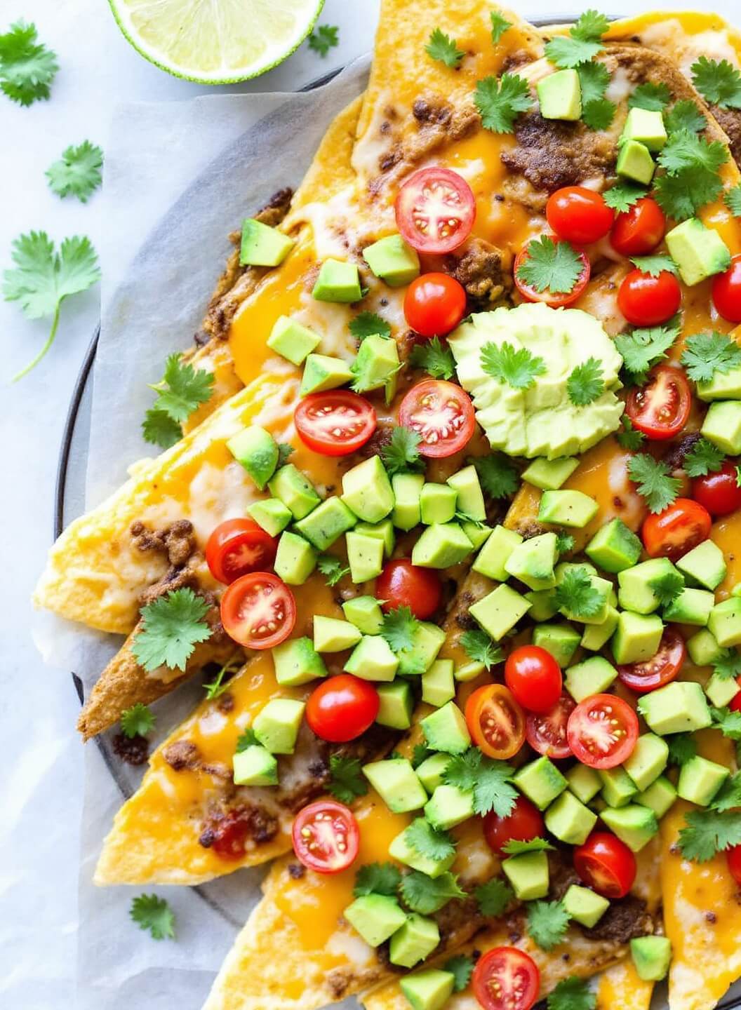 Overhead shot of hot bell pepper nachos garnished with avocado, cherry tomatoes, and cilantro.