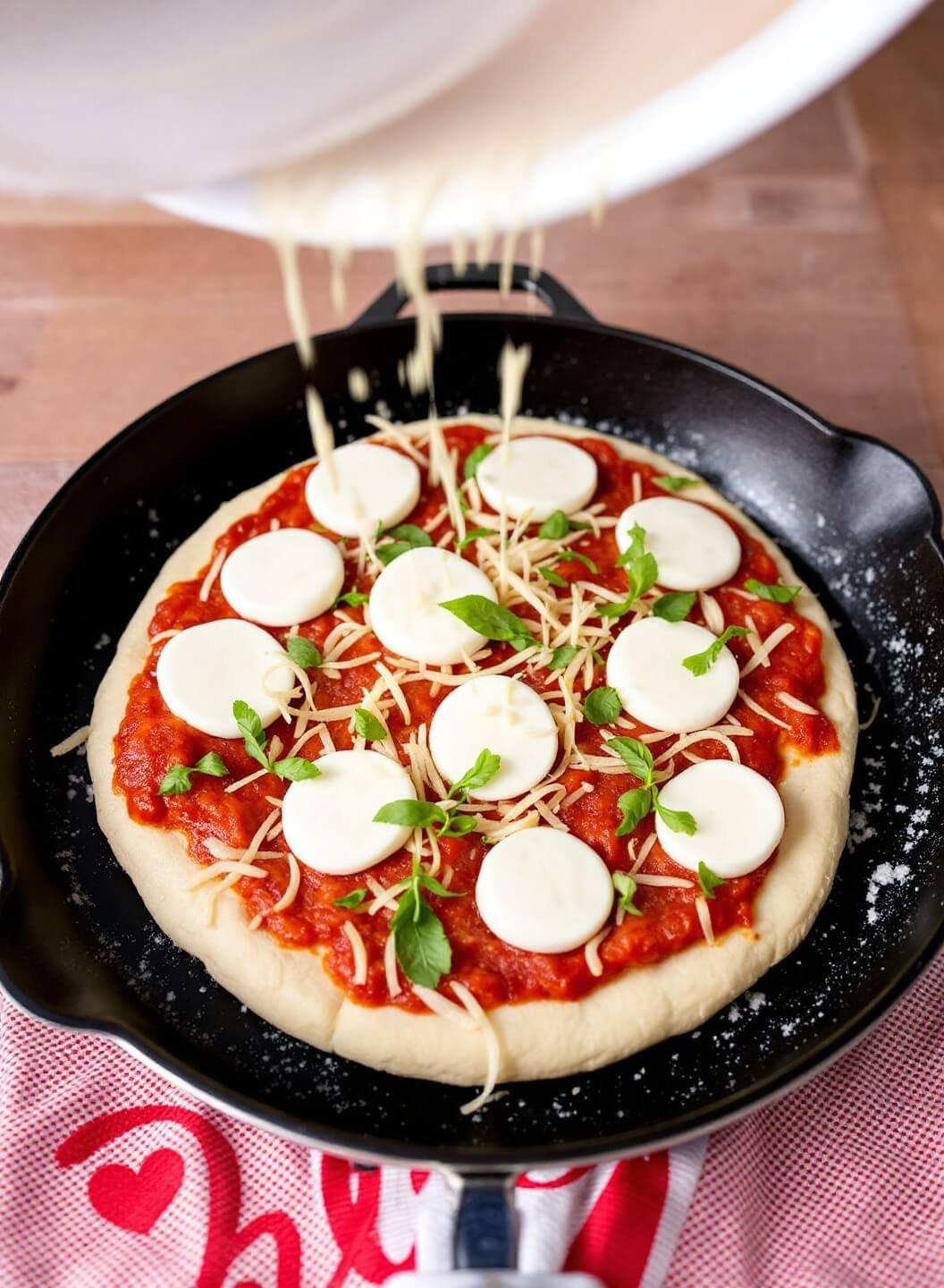 Adding fresh mozzarella to a prebaked golden crust pizza with tomato sauce, steam rising