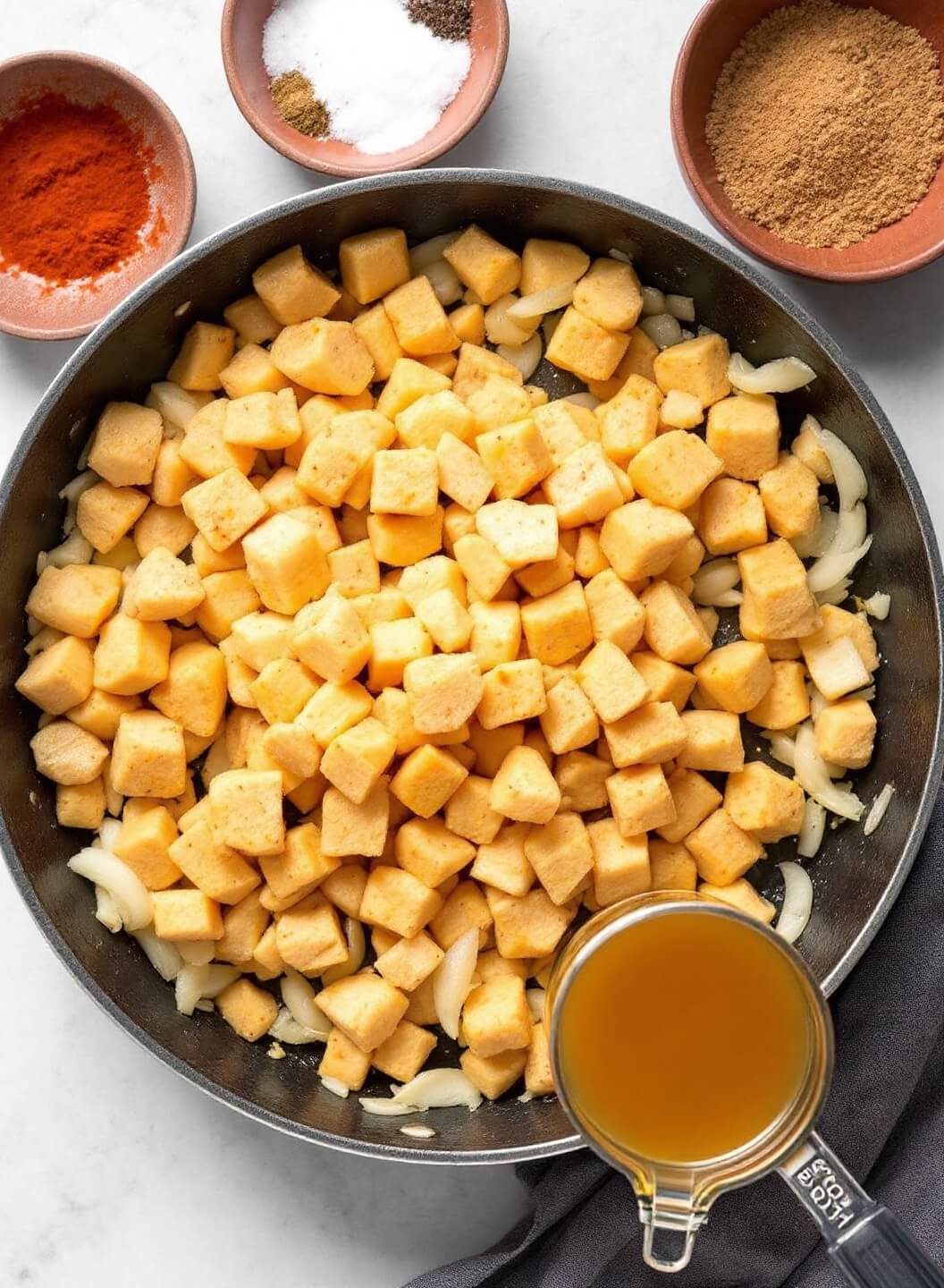 Bbq Jackfruit Pulled &Quot;Pork&Quot; (Vegan) 5 Adding jackfruit to skillet with onions and garlic, with bowls of assorted spices and vegetable broth nearby