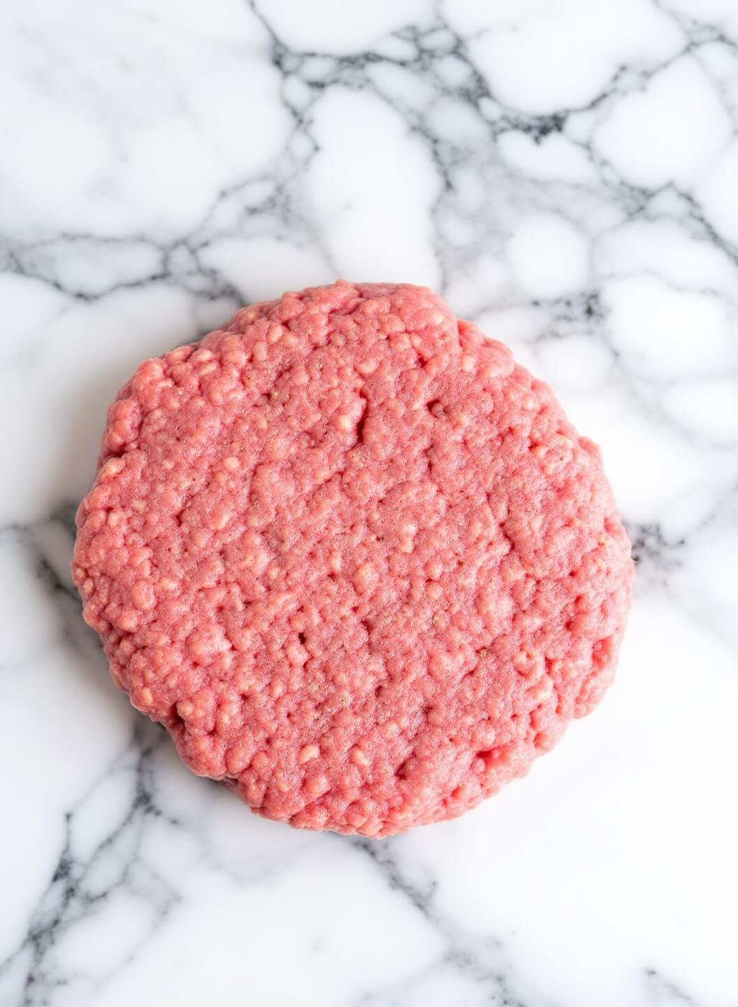The Perfect Bunless Burger 3 Raw burger patty with dimpled center being formed on a marble countertop, seasoned to taste