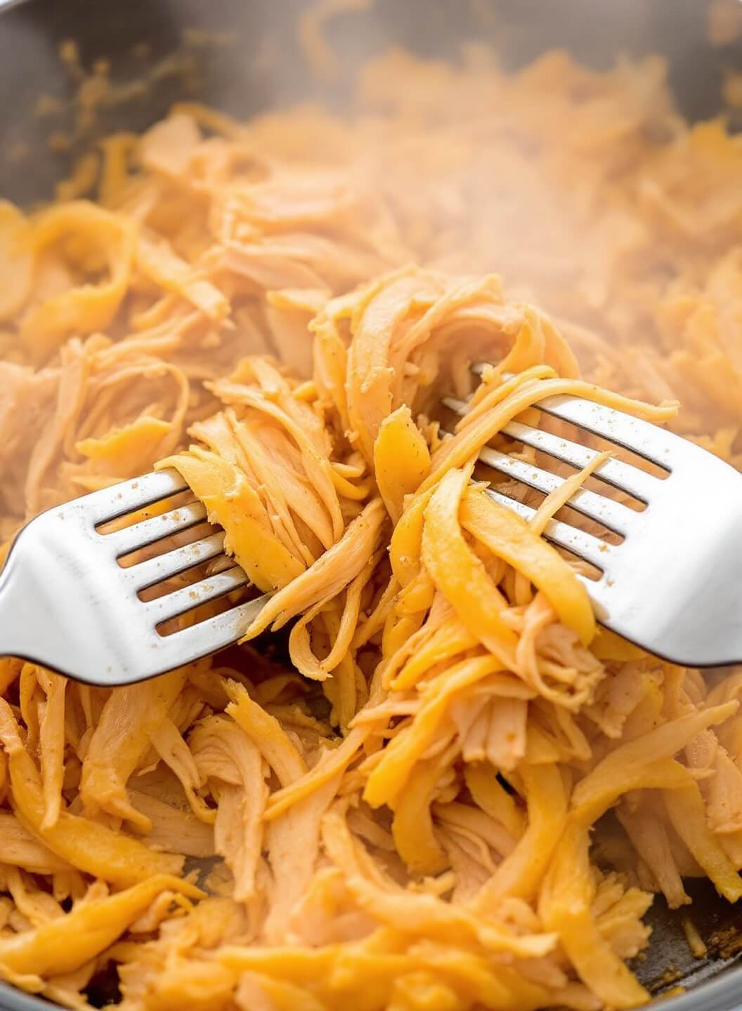 Bbq Jackfruit Pulled &Quot;Pork&Quot; (Vegan) 6 Two forks shredding seasoned, golden jackfruit in a steaming skillet, mimicking a pulled pork texture