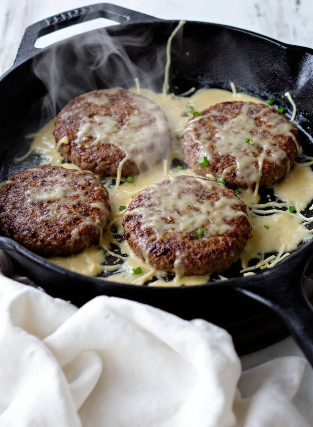 The Perfect Bunless Burger 5 Sizzling beef patties with melting cheese in a cast iron skillet producing steam