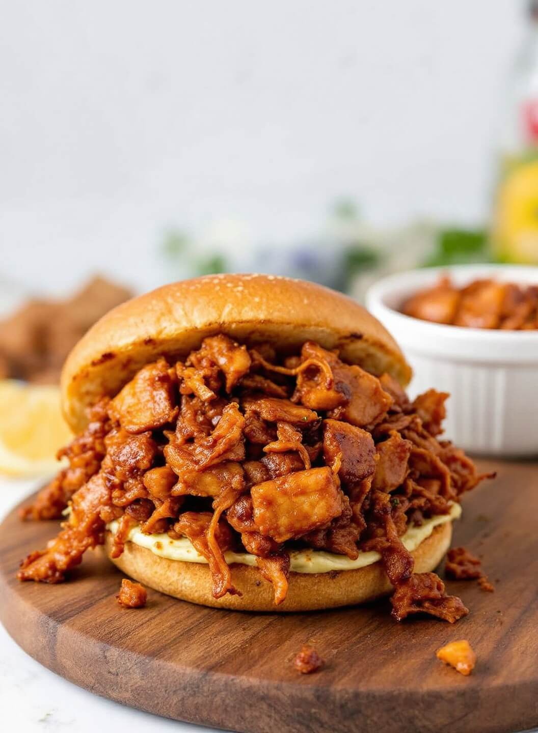 Bbq Jackfruit Pulled &Quot;Pork&Quot; (Vegan) 9 Bbq pulled jackfruit on a toasted bun served on a rustic wooden board