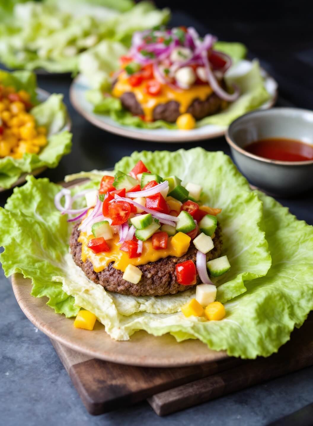 The Perfect Bunless Burger 6 Burger assembly with crisp lettuce wrap and colorful toppings arranged