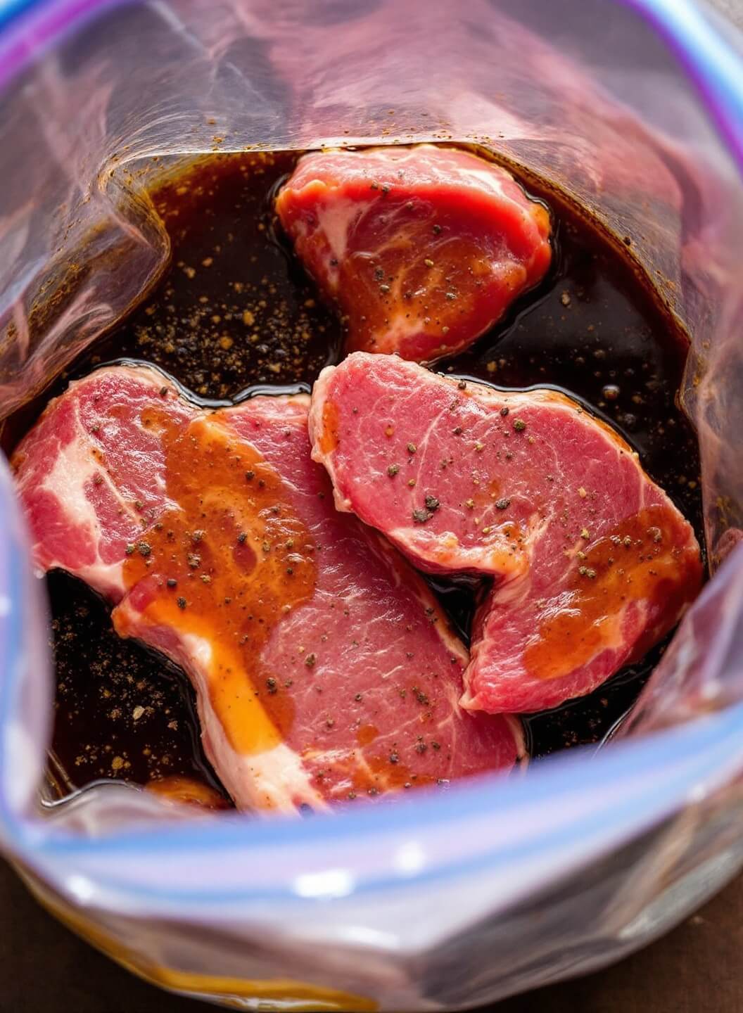 Raw venison steaks being added into marinade mix of soy sauce, worcestershire sauce, oil, black pepper, and herbs in a clear plastic bag
