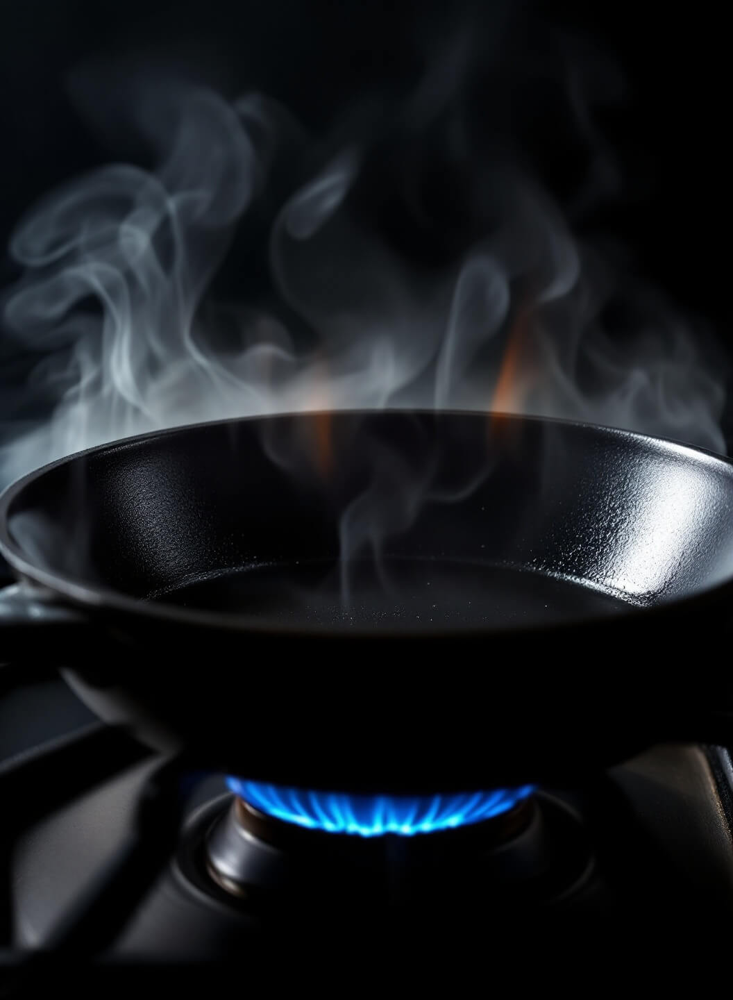 Heating empty cast iron skillet on stovetop with visible heat waves and a wisp of smoke, signifying pre-cooking preparation