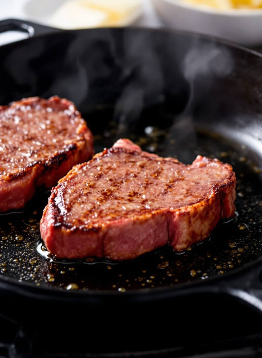 Venison steaks being seared in a hot cast iron skillet, with droplets of oil sizzling around the edges