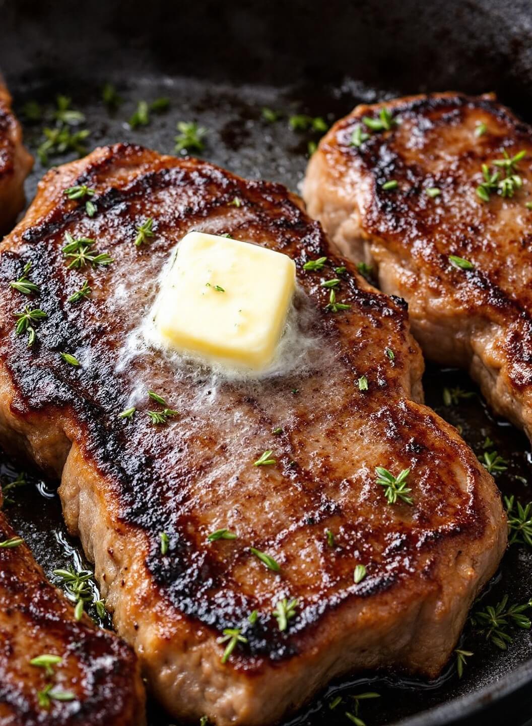 Close-up of seared venison steaks in a pan with butter melting over, surrounded by fresh thyme sprigs and steam rising