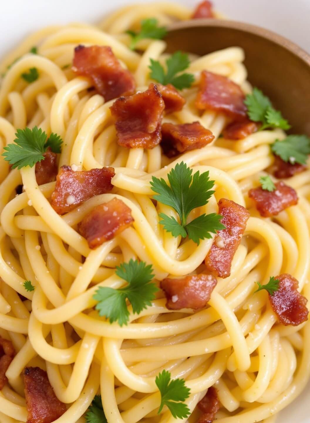 Low-Carb Zucchini Noodle Carbonara 7 Close-up view of a silky carbonara sauce with bacon garnished with parsley.
