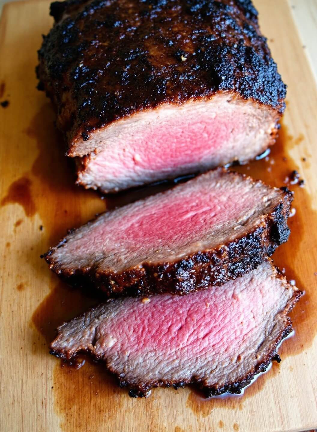 Sliced medium-rare venison steak on rustic wooden cutting board with visible juices