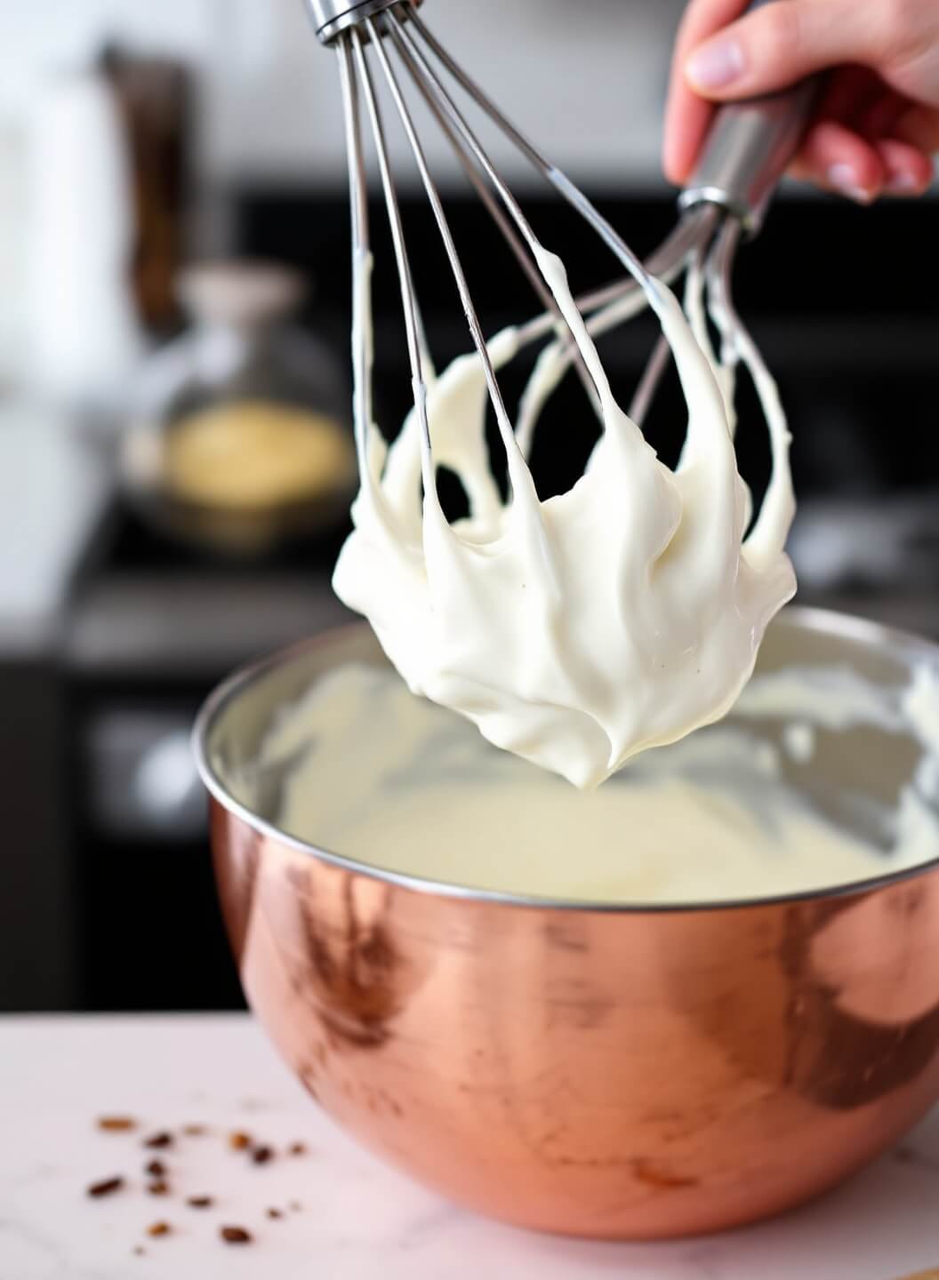 Whisk lifting whipped cream with vanilla specks in a tilted copper bowl in a blurry kitchen background