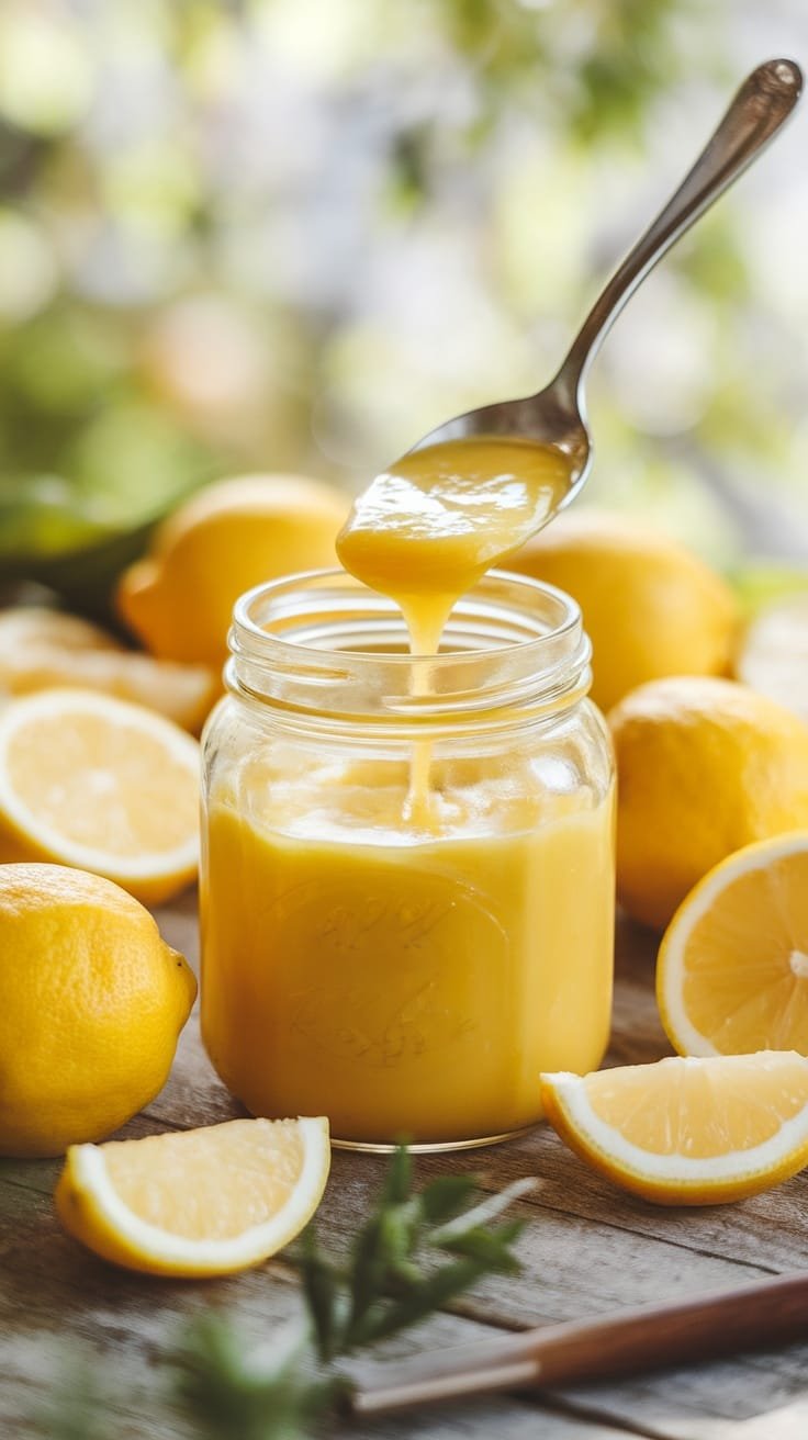 Delicious Keto Lemon Curd Recipe A jar of keto lemon curd with fresh lemons on a wooden table.