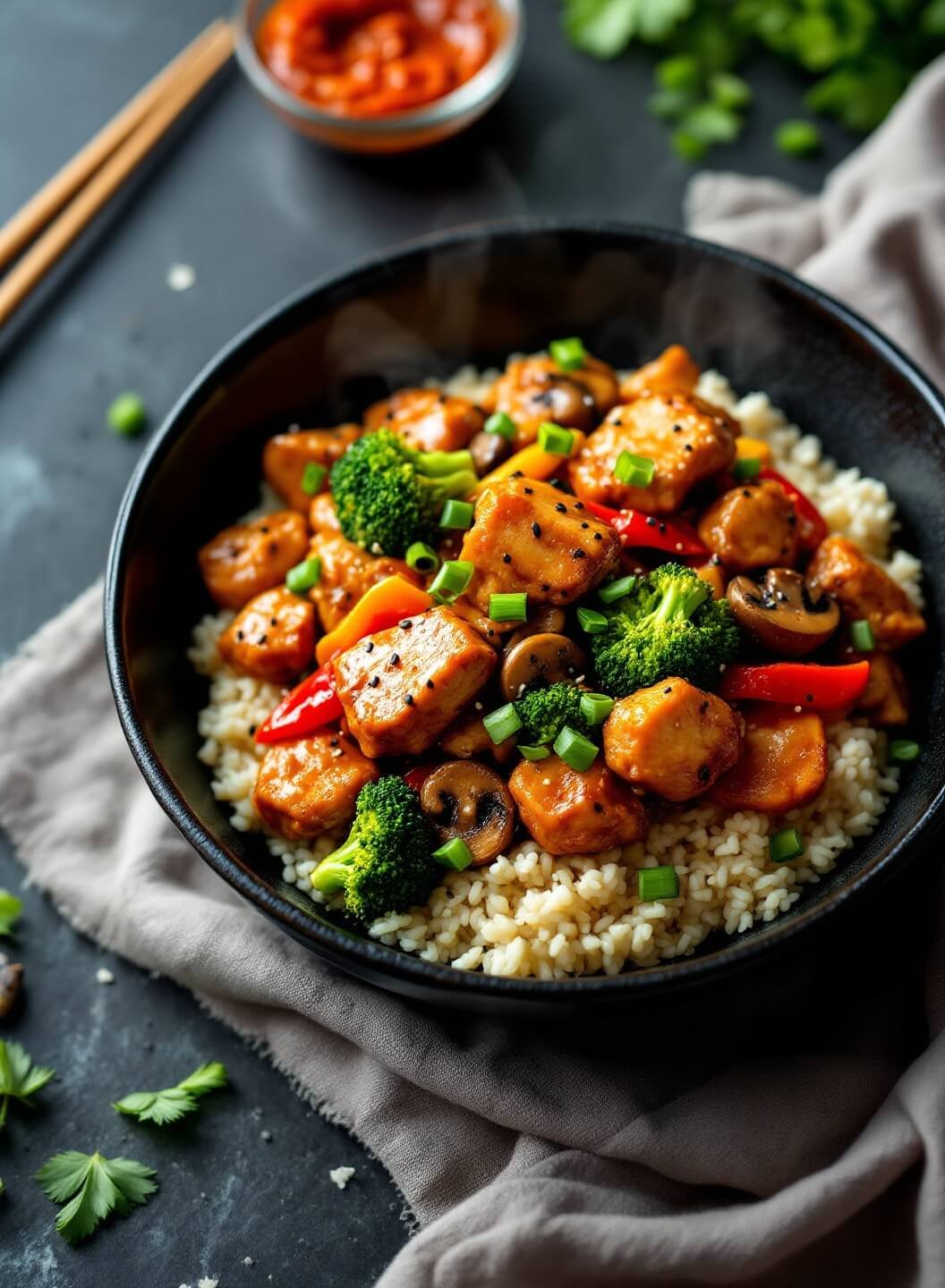 "overhead shot of asian keto chicken miso stir-fry with vegetables and cauliflower rice in a black bowl"