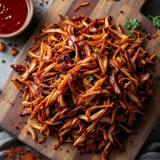Bbq Jackfruit Pulled &Quot;Pork&Quot; (Vegan) 2 "caramelized bbq-glazed shredded jackfruit with charred edges on rustic wooden cutting board, additional sauce, fresh herbs, and scattered spices under soft natural lighting"